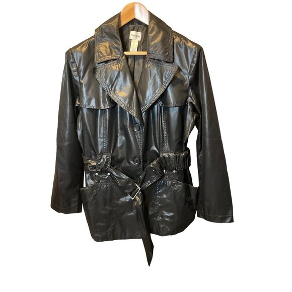 Chico’s Jackets & Blazers - Chico’s Black Belted Short Shiny Double Breasted Rain Jacket Sz XL